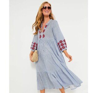 Tuckernuck Poppy Stripe Long Sleeve Blue Salty Paloma Caftan Maxi Dress- Small